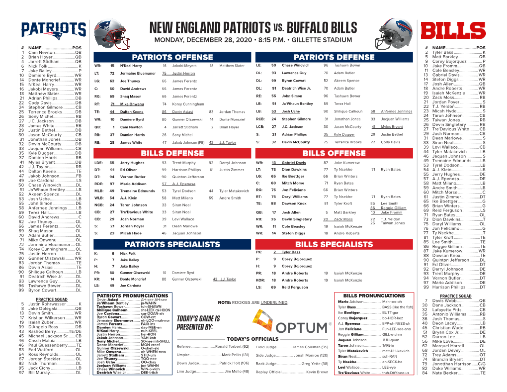 New England Patriots Vs. Buffalo Bills MONDAY, DECEMBER 28, 2020 • 8:15 P.M