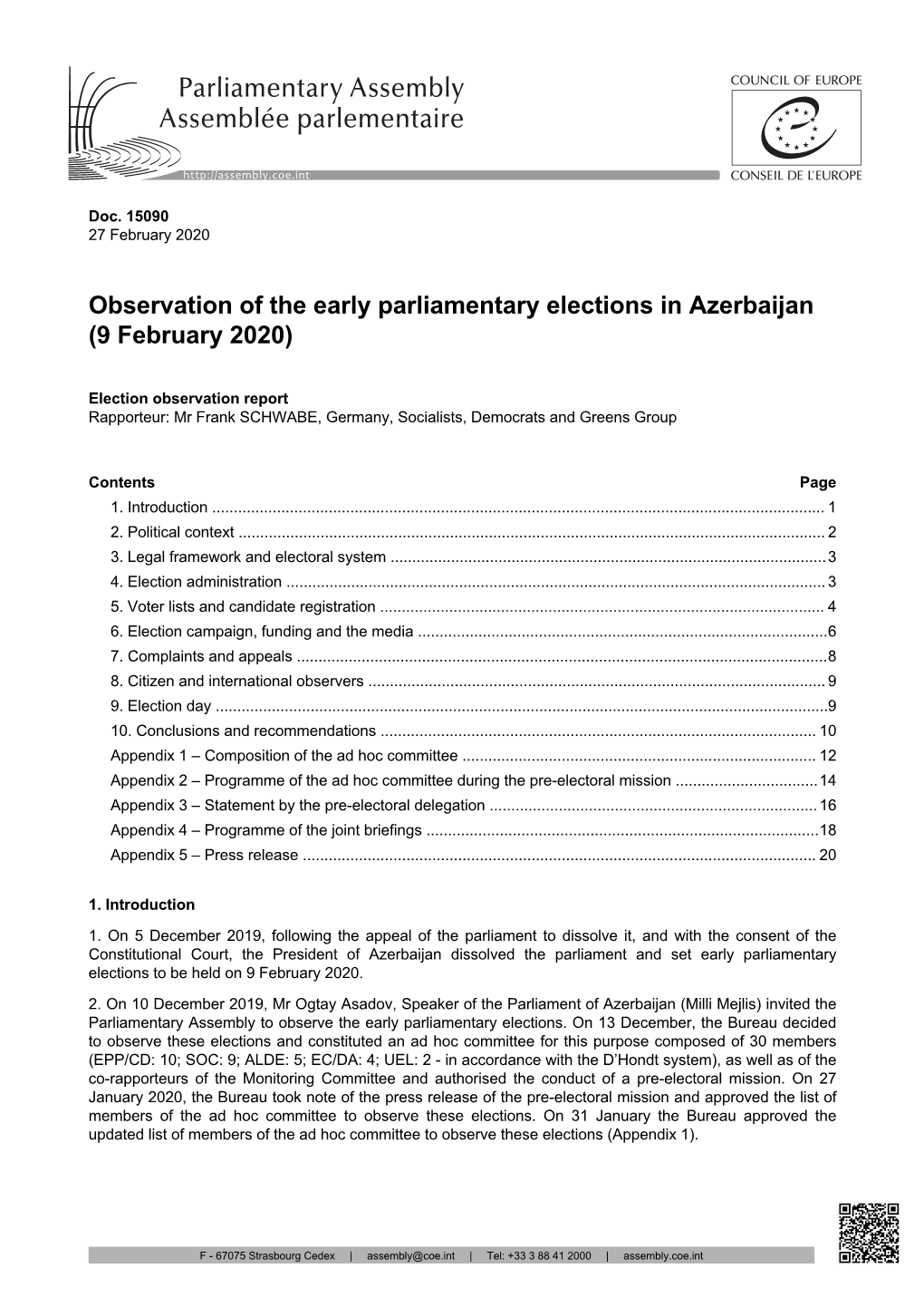 Observation of the Early Parliamentary Elections in Azerbaijan (9 February 2020)