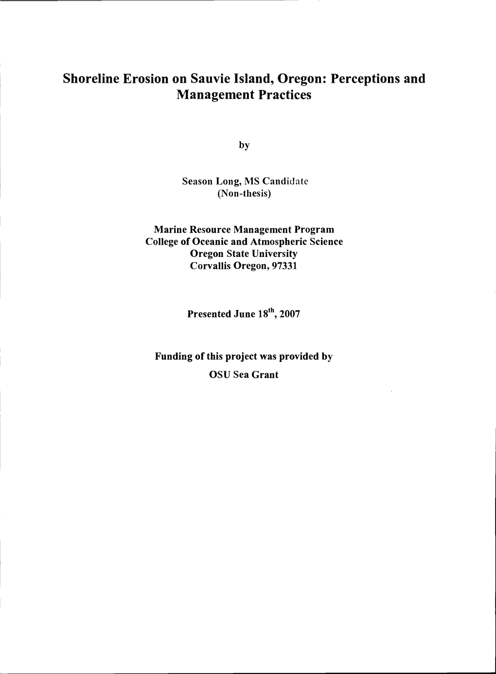 Shoreline Erosion on Sauvie Island, Oregon: Perceptions and Management Practices