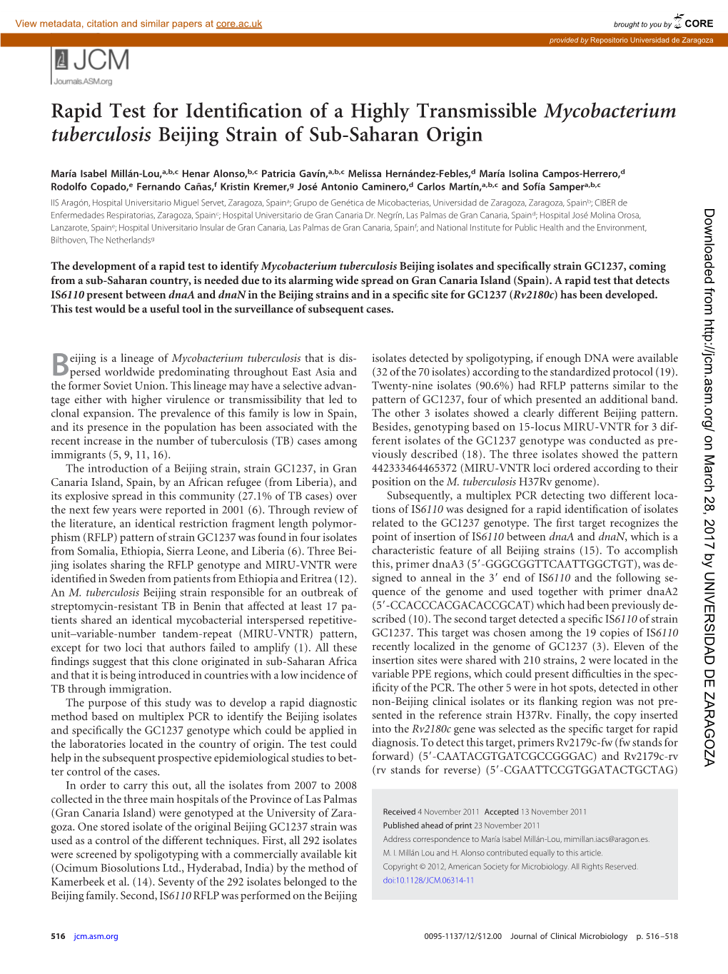 Mycobacterium Tuberculosis Beijing Strain of Sub-Saharan Origin