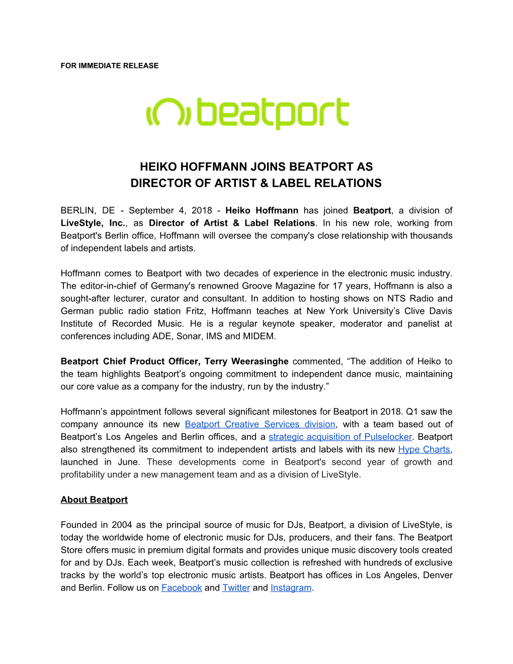 Heiko Hoffmann Joins Beatport As Director of Artist & Label Relations