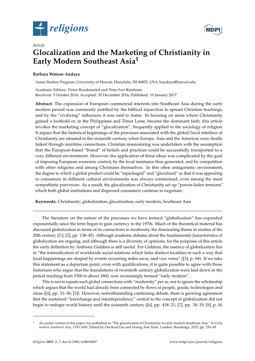 Glocalization and the Marketing of Christianity in Early Modern Southeast Asia1