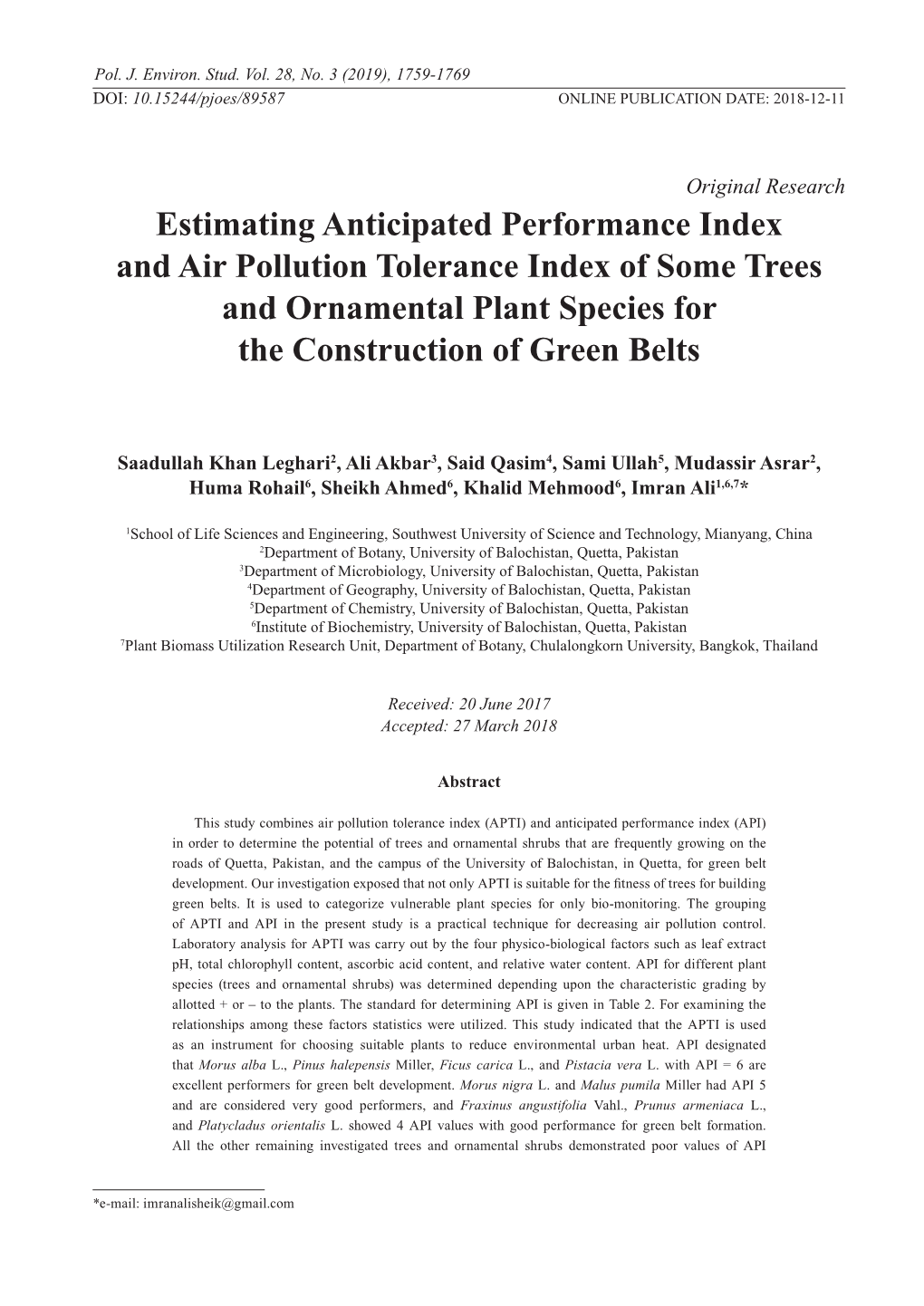 Estimating Anticipated Performance Index and Air Pollution Tolerance Index of Some Trees and Ornamental Plant Species for the Construction of Green Belts