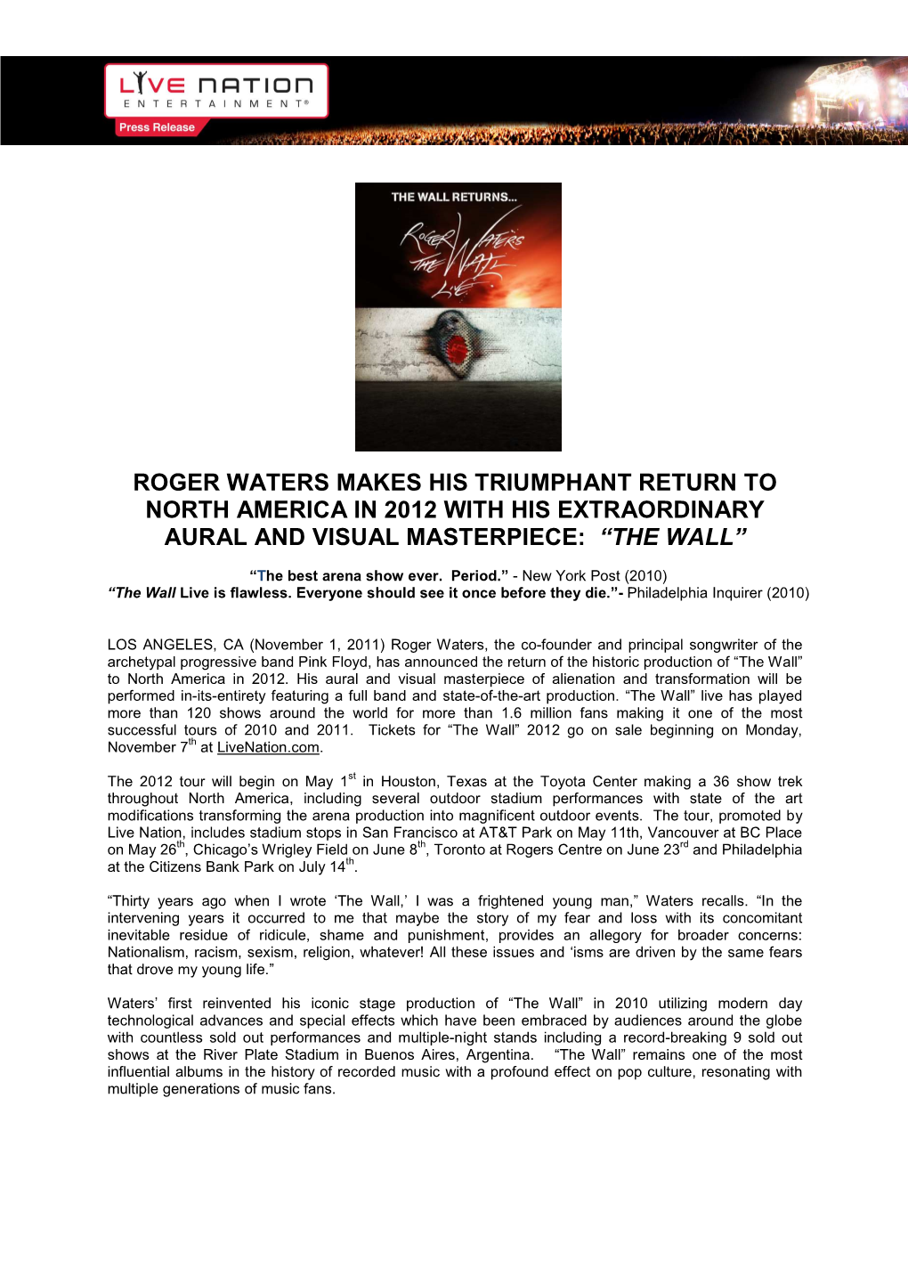 ROGER WATERS ANNOUNCES RETURN of the WALL 2012 FINAL 11.1.2011 12N PT V3