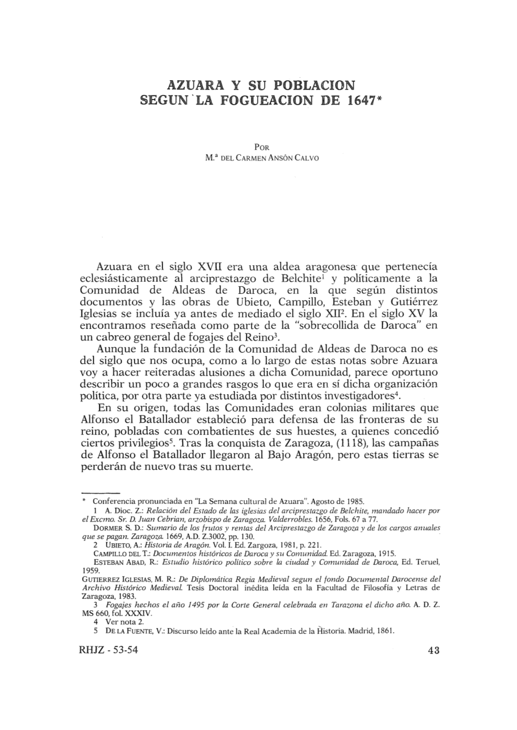 4. Azuara Y Su Población Según La Fogueación De 1647, Por María Del