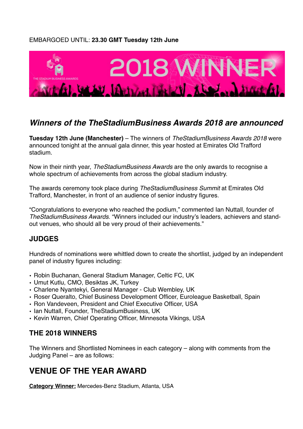 Winners of the Thestadiumbusiness Awards 2018 Are Announced