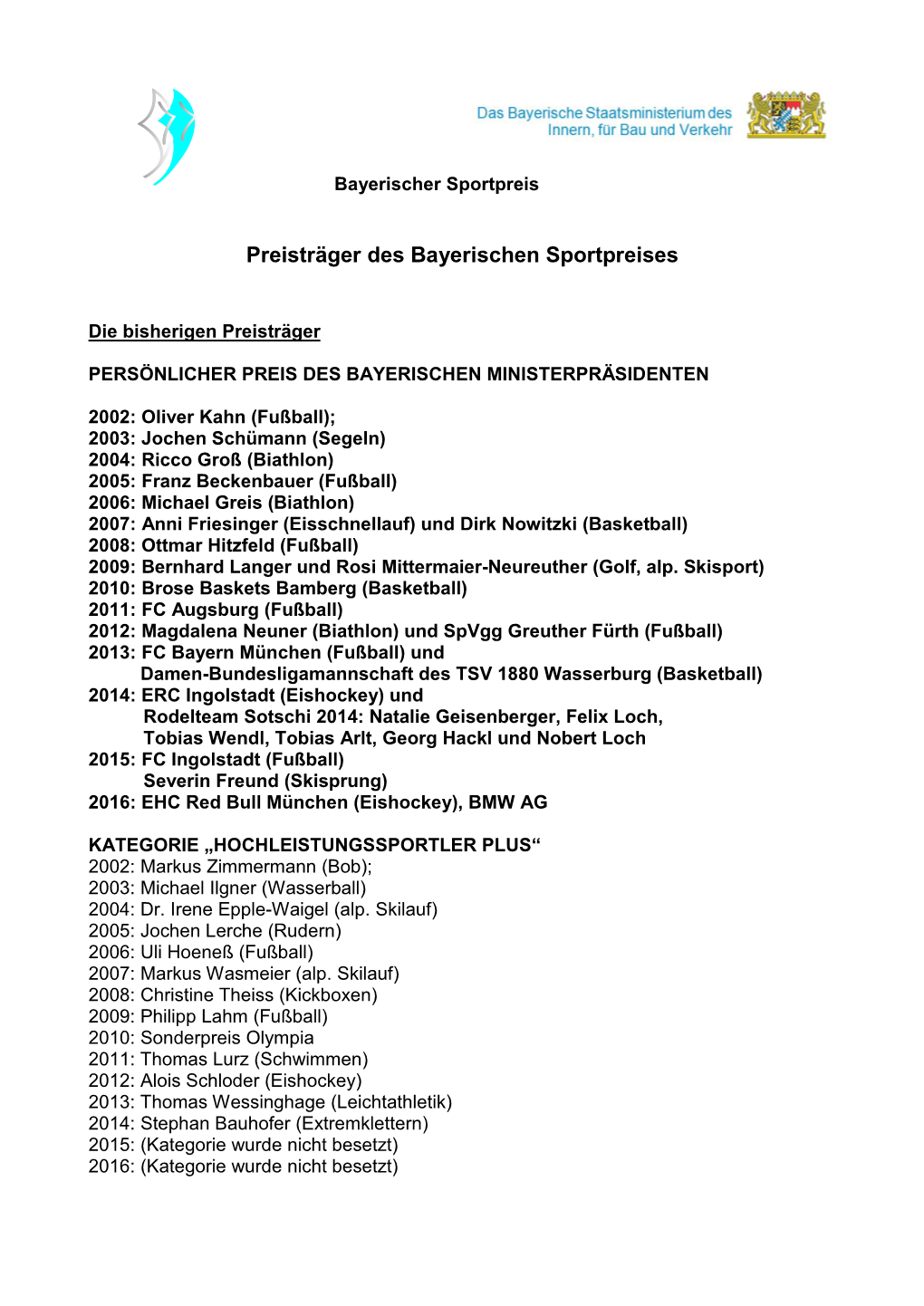 Preisträger Des Bayerischen Sportpreises