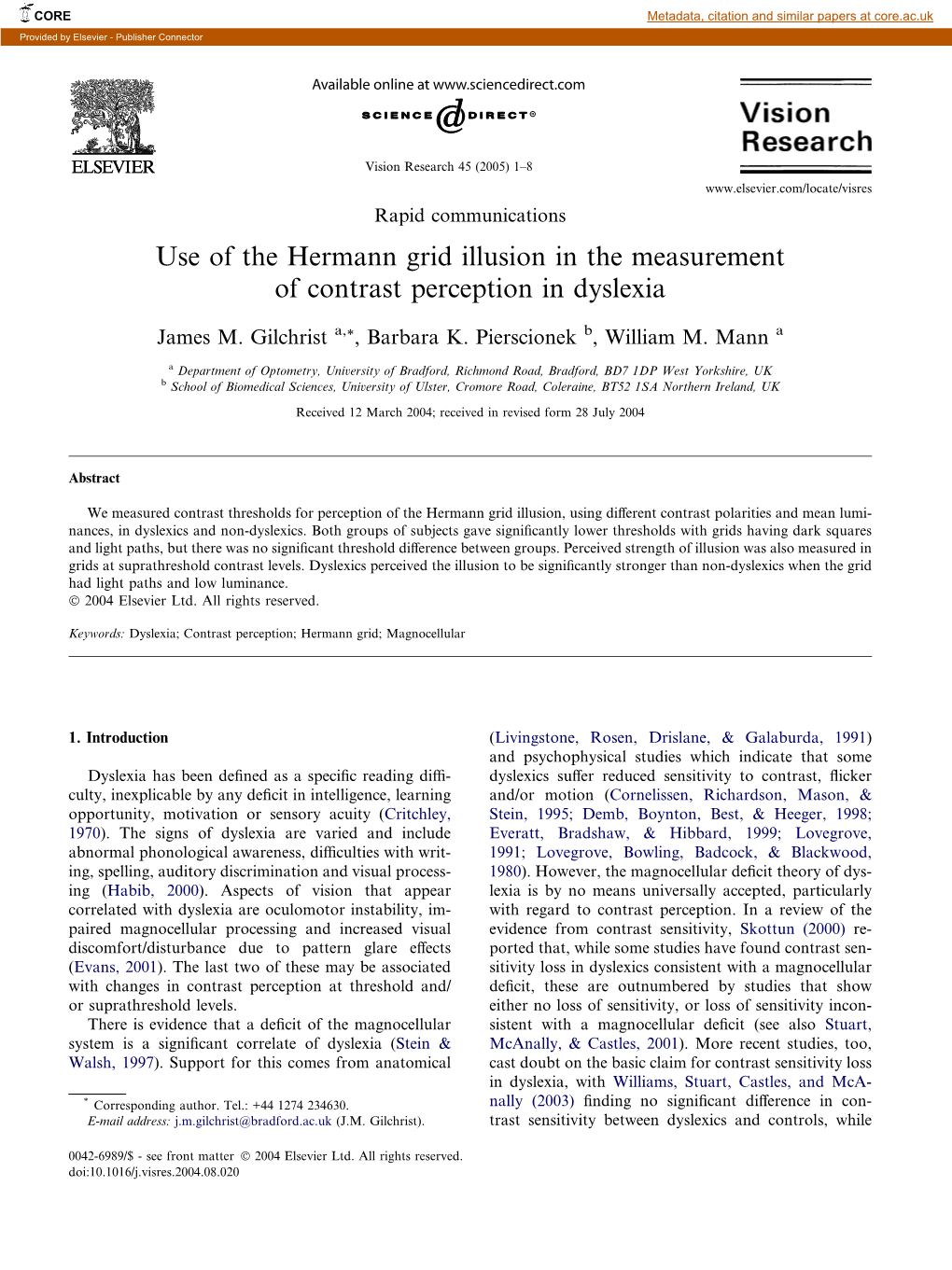 Use of the Hermann Grid Illusion in the Measurement of Contrast Perception in Dyslexia