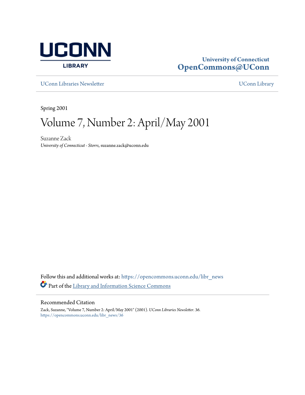 Volume 7, Number 2: April/May 2001 Suzanne Zack University of Connecticut - Storrs, Suzanne.Zack@Uconn.Edu