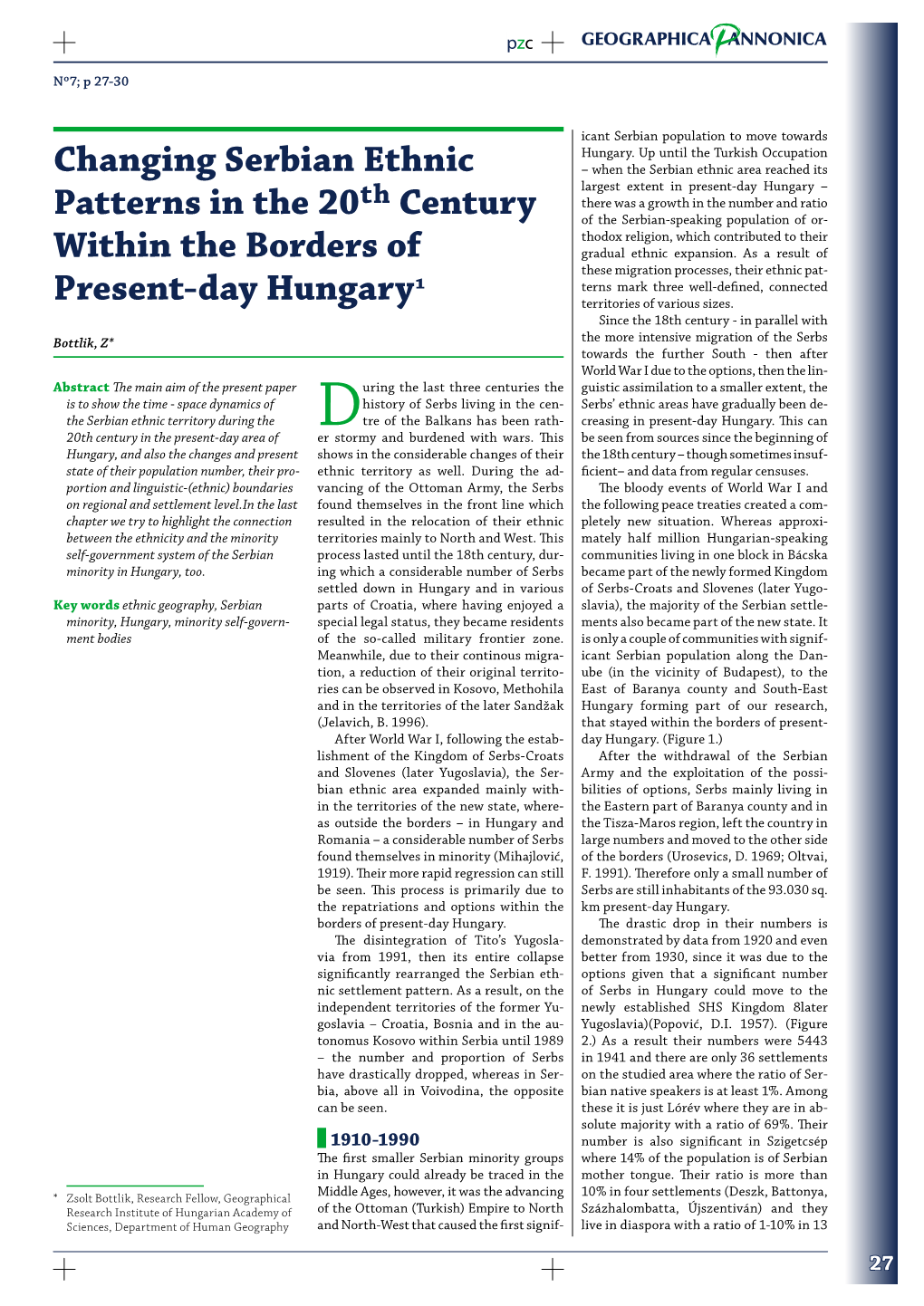 Changing Serbian Ethnic Patterns in the 20Th Century Within the Borders