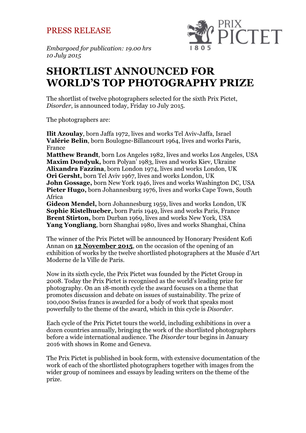 Prix Pictet Disorder Shortlist Press Release English