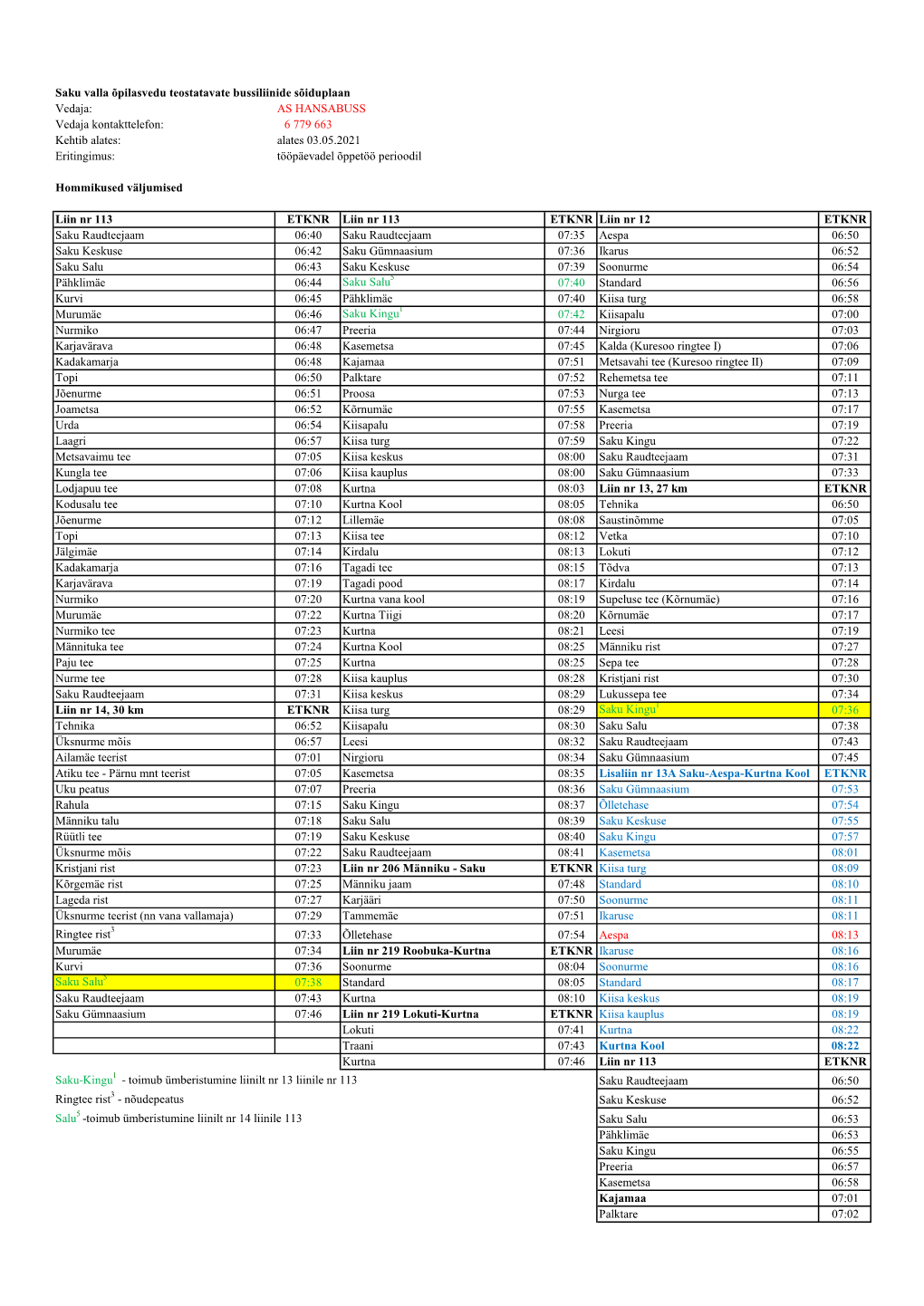 Saku Vald Siseliinid Sõiduplaan Alates