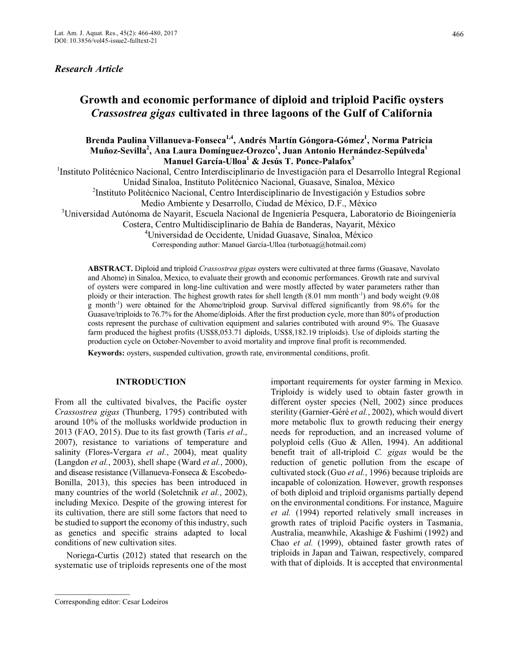 Growth and Economic Performance of Diploid and Triploid Pacific Oysters Crassostrea Gigas Cultivated in Three Lagoons of the Gulf of California