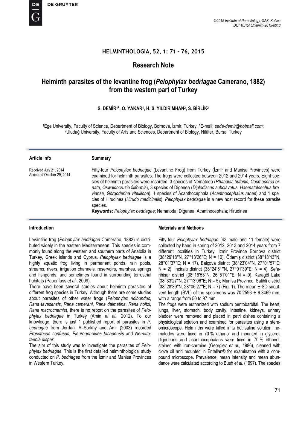 Research Note Helminth Parasites of the Levantine Frog (Pelophylax