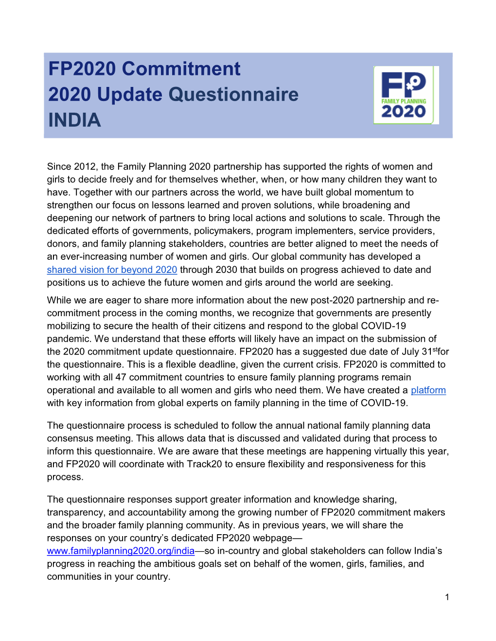 FP2020 Commitment 2020 Update Questionnaire INDIA