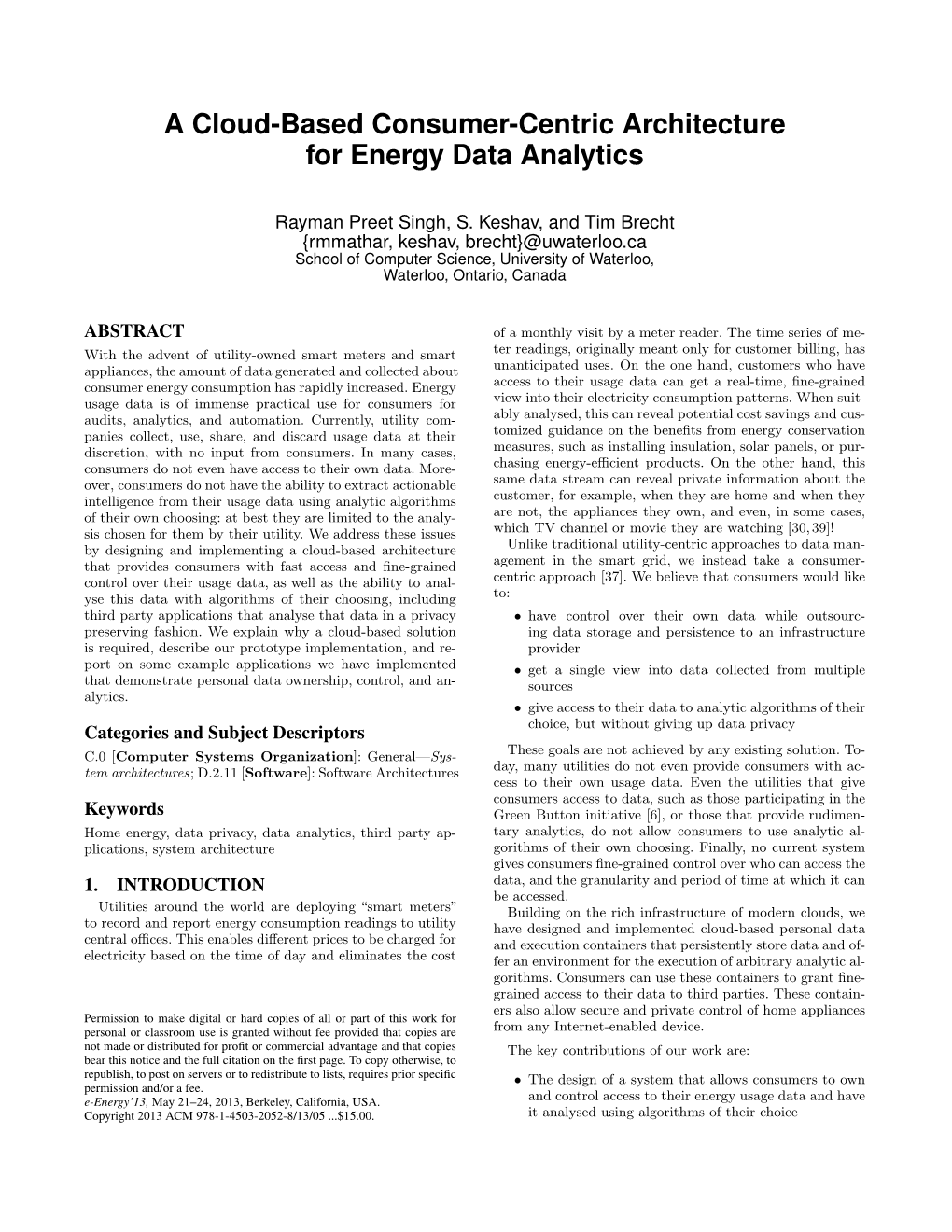 A Cloud-Based Consumer-Centric Architecture for Energy Data Analytics