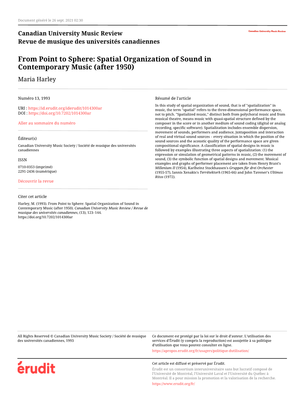 Spatial Organization of Sound in Contemporary Music (After 1950) Maria Harley