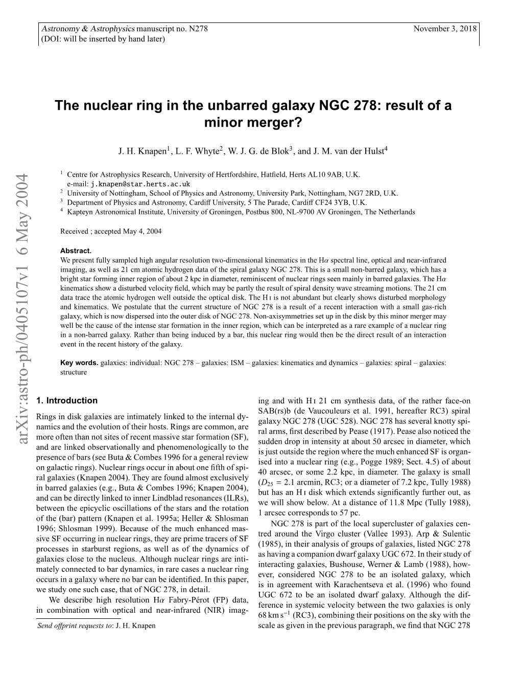 The Nuclear Ring in the Unbarred Galaxy NGC 278: Result of a Minor