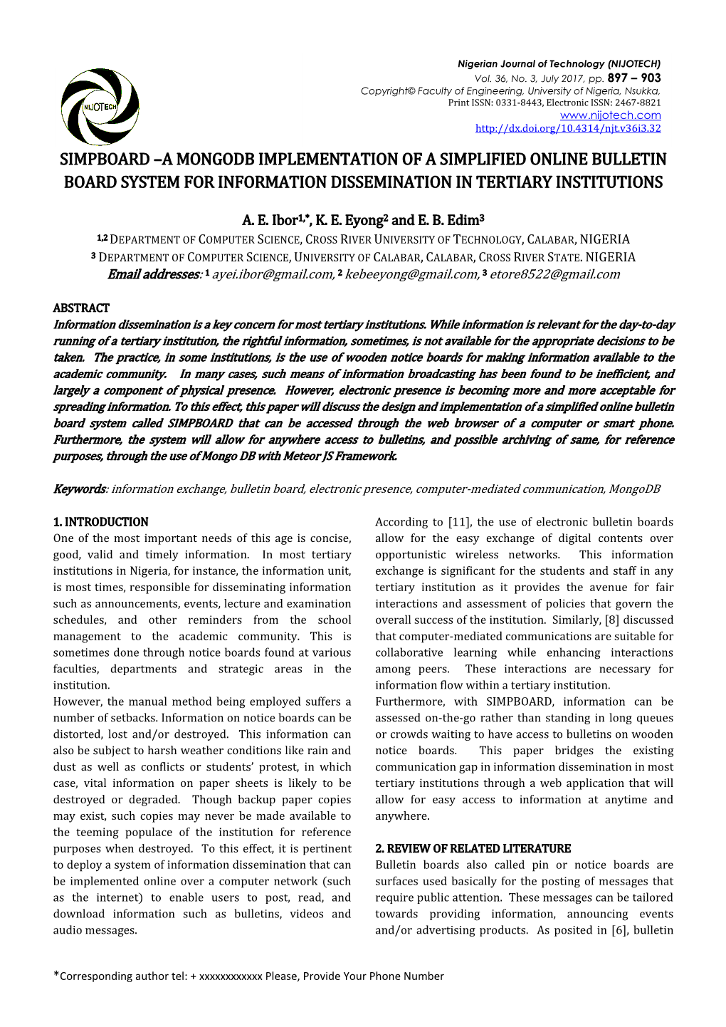 Simpboard –A Mongodb Implementation of a Simplified Online Bulletin Board System for Information Dissemination in Tertiary Institutions