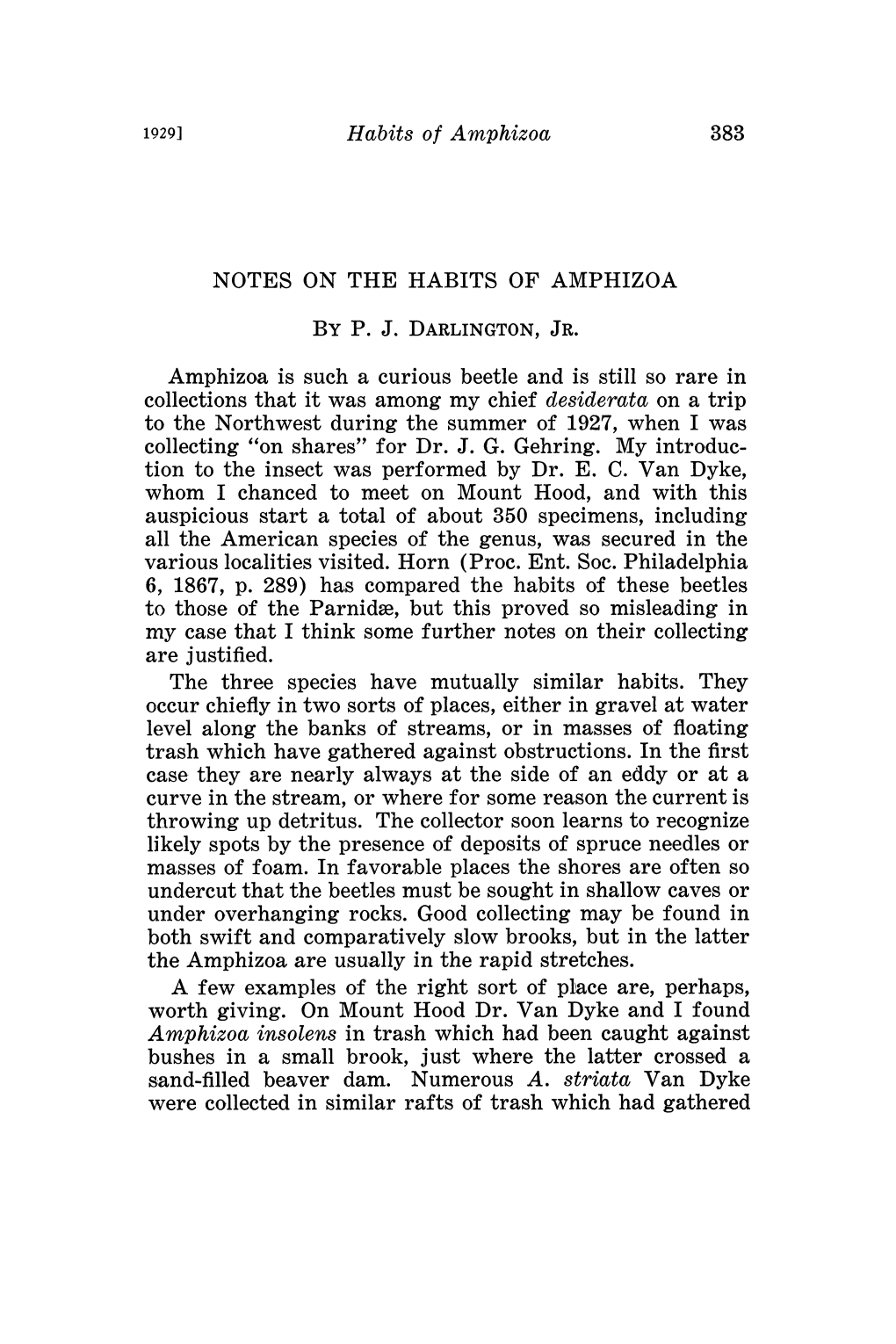 Notes on the Habits of Amphizoa by P. J. Darlington, Jr