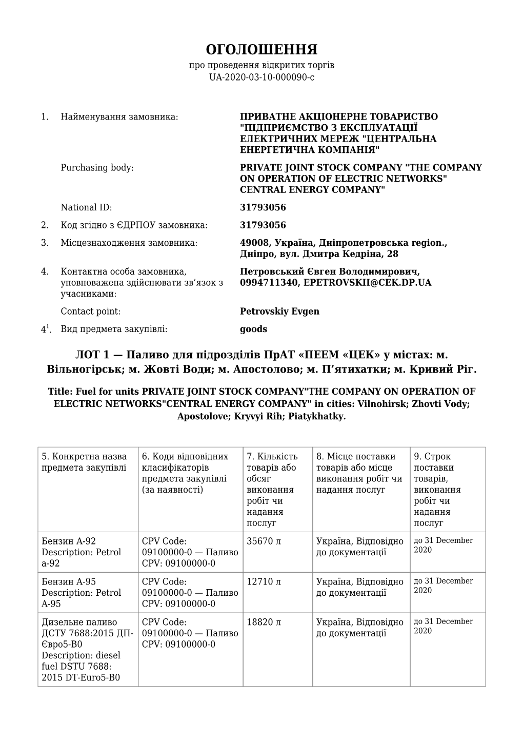 ОГОЛОШЕННЯ Про Проведення Відкритих Торгів UA-2020-03-10-000090-C