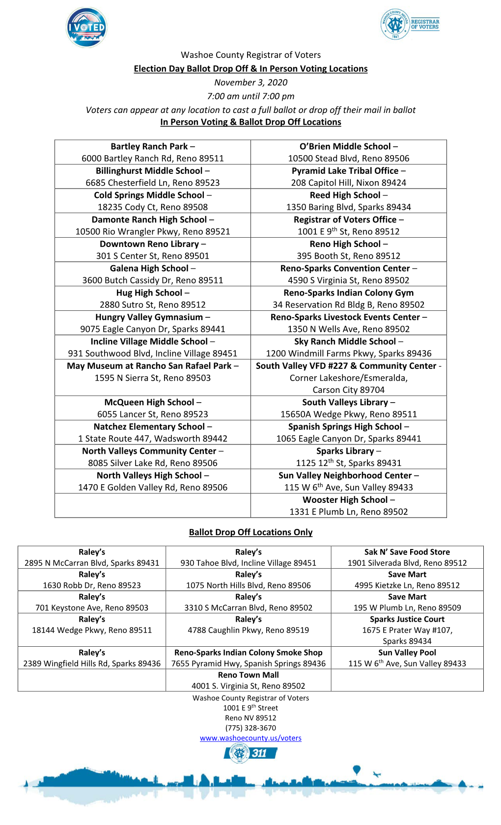Washoe County Registrar of Voters Election Day Ballot Drop Off & In