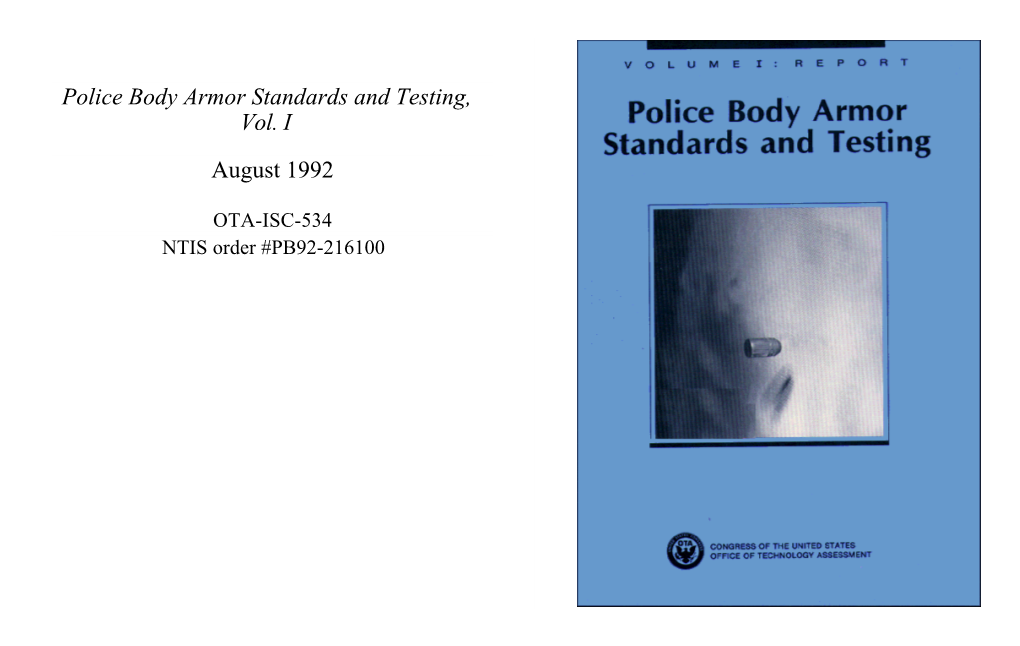 Police Body Armor Standards and Testing, Vol. I