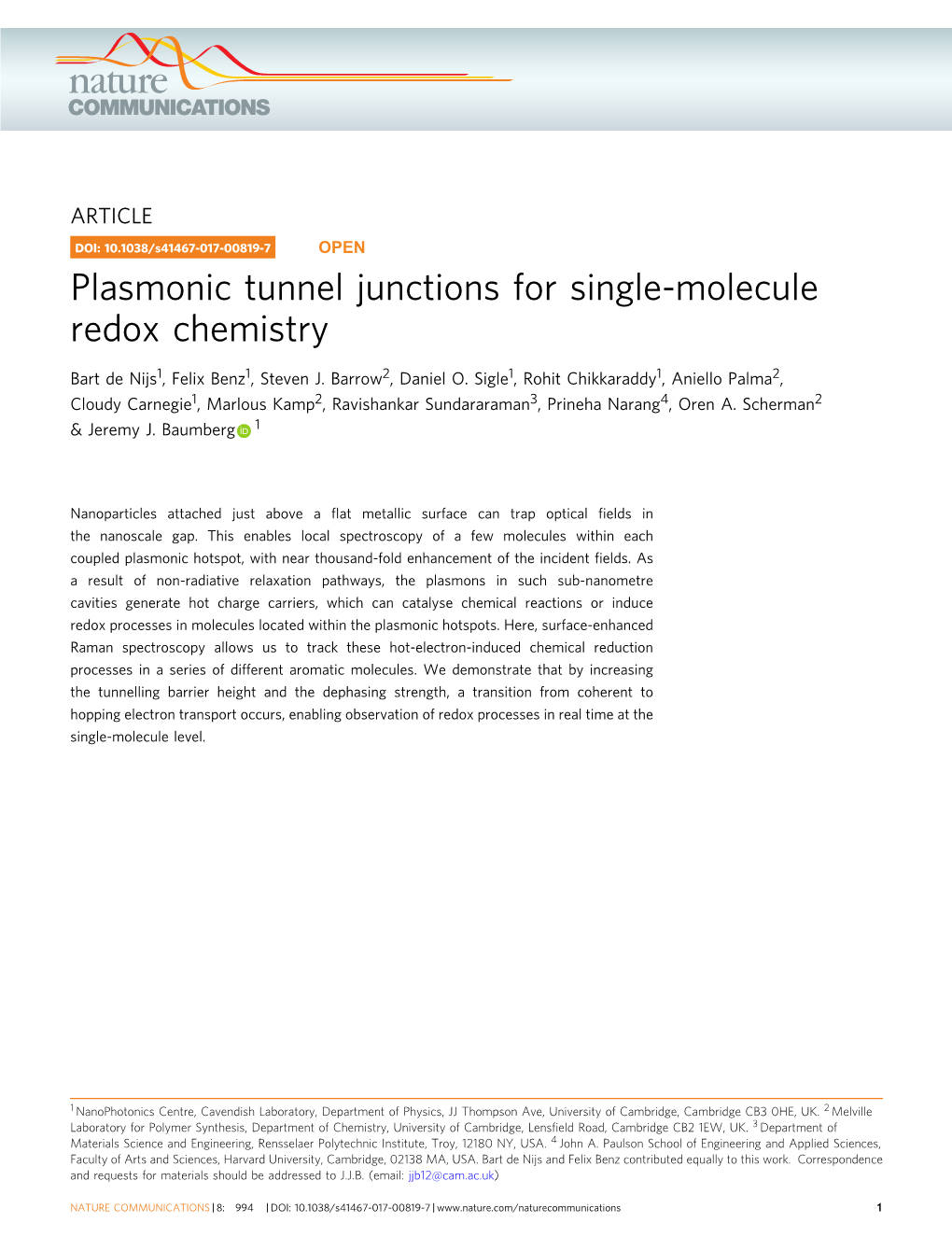 Plasmonic Tunnel Junctions for Single-Molecule Redox Chemistry