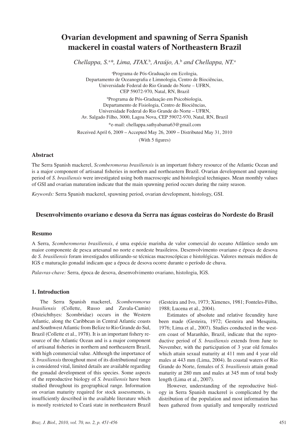 Ovarian Development and Spawning of Serra Spanish Mackerel in Coastal Waters of Northeastern Brazil