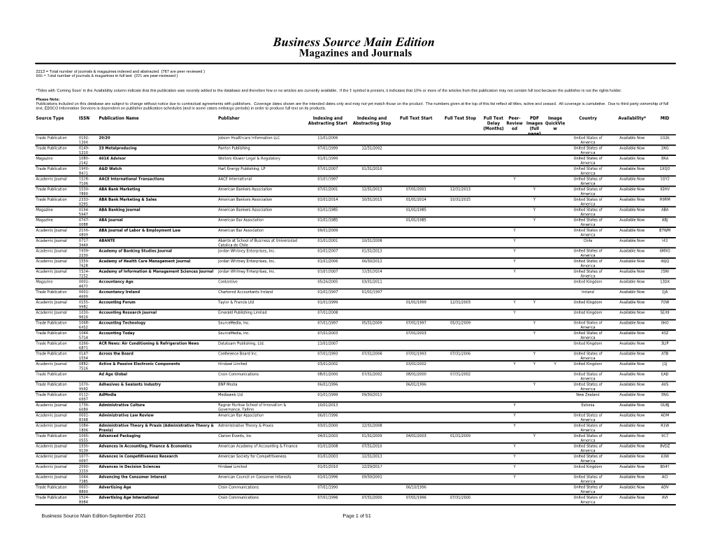 Business Source Main Edition Magazines and Journals