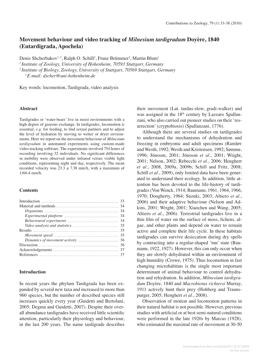 Movement Behaviour and Video Tracking of Milnesium Tardigradum Doyère, 1840 (Eutardigrada, Apochela)