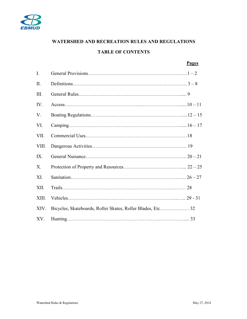 Watershed and Recreation Rules and Regulations