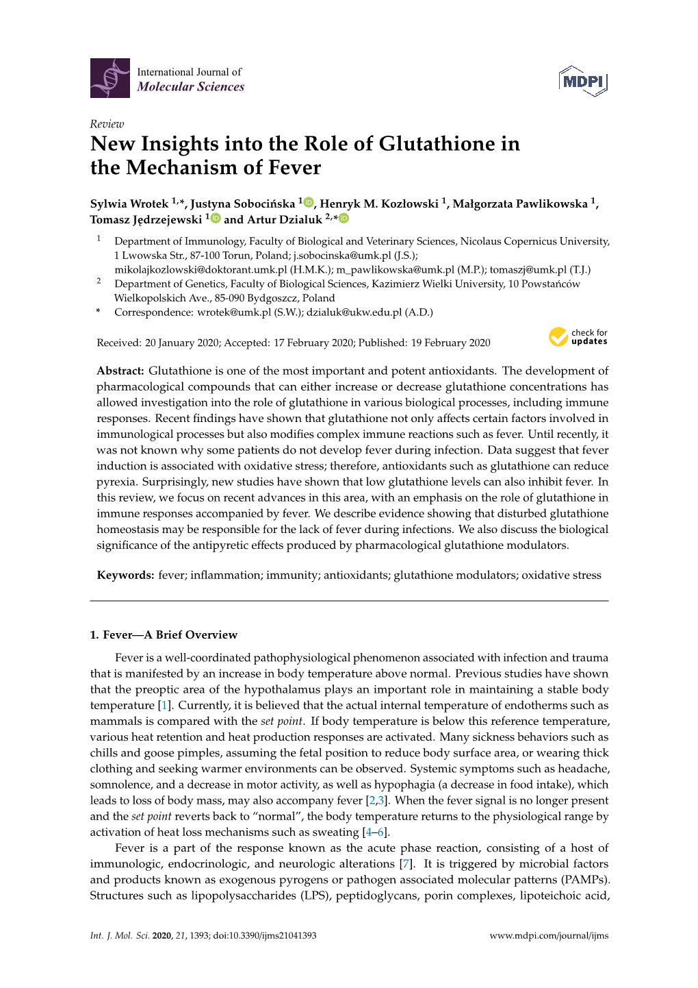 New Insights Into the Role of Glutathione in the Mechanism of Fever