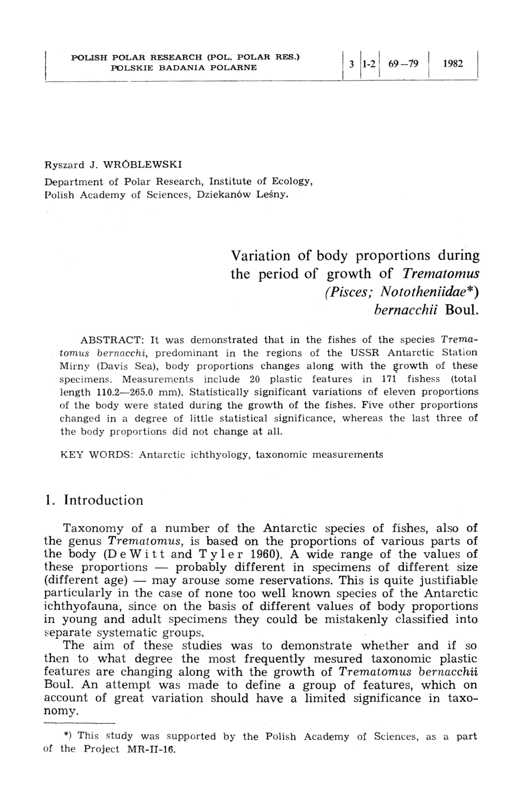 Variation of Body Proportions During the Period of Growth of Trematomus (Pisces; Nototheniidae*) Bernacchii Boul