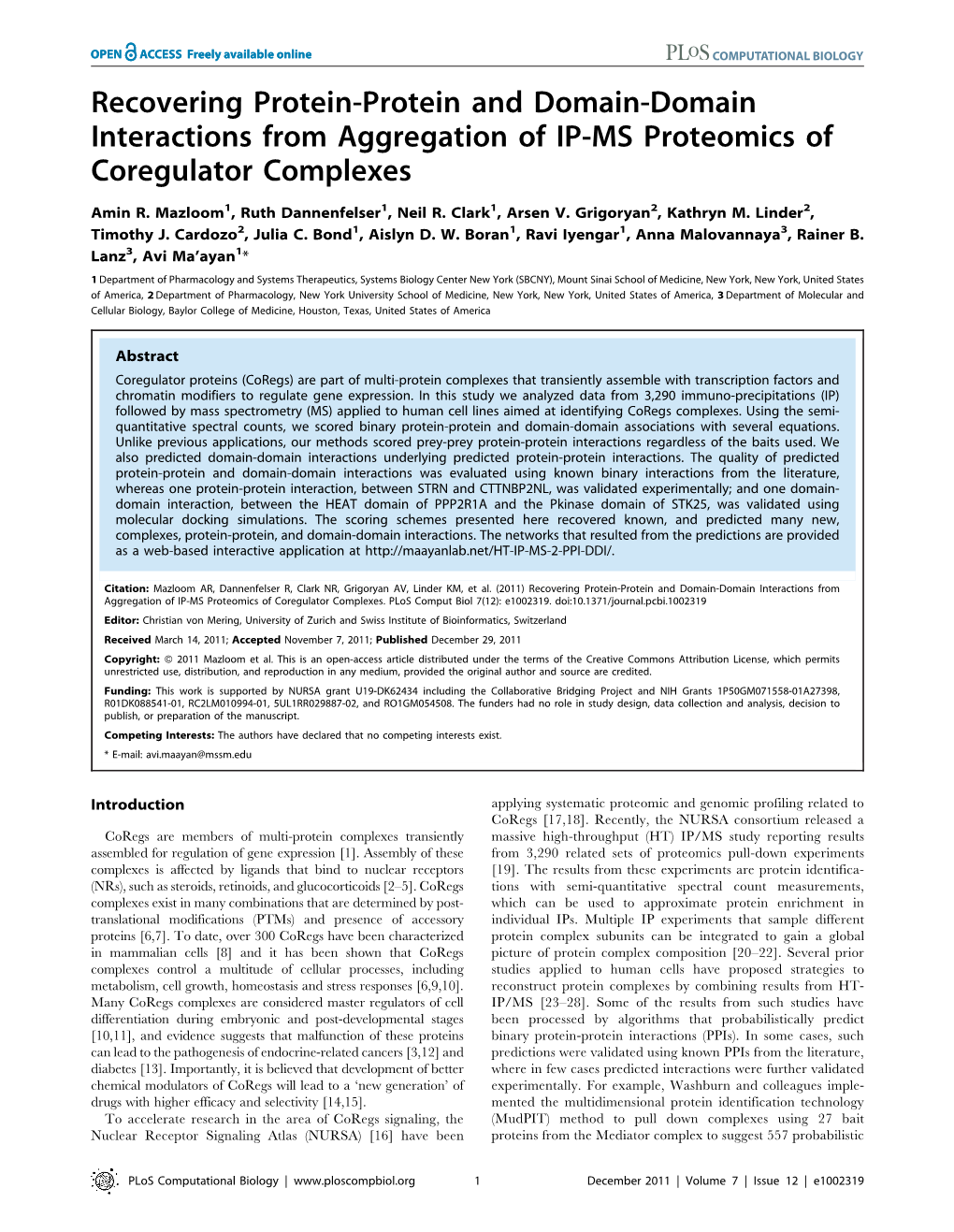 Recovering Protein-Protein and Domain-Domain Interactions from Aggregation of IP-MS Proteomics of Coregulator Complexes