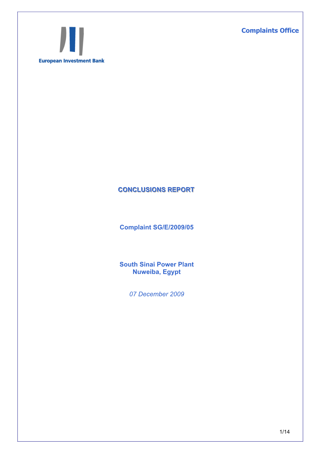 Complaint SG/E/2009/05 South Sinai Power Plant Nuweiba, Egypt 07