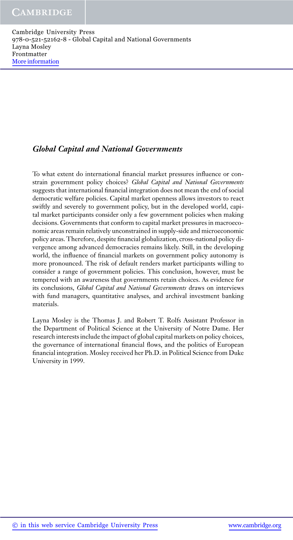 Global Capital and National Governments Layna Mosley Frontmatter More Information