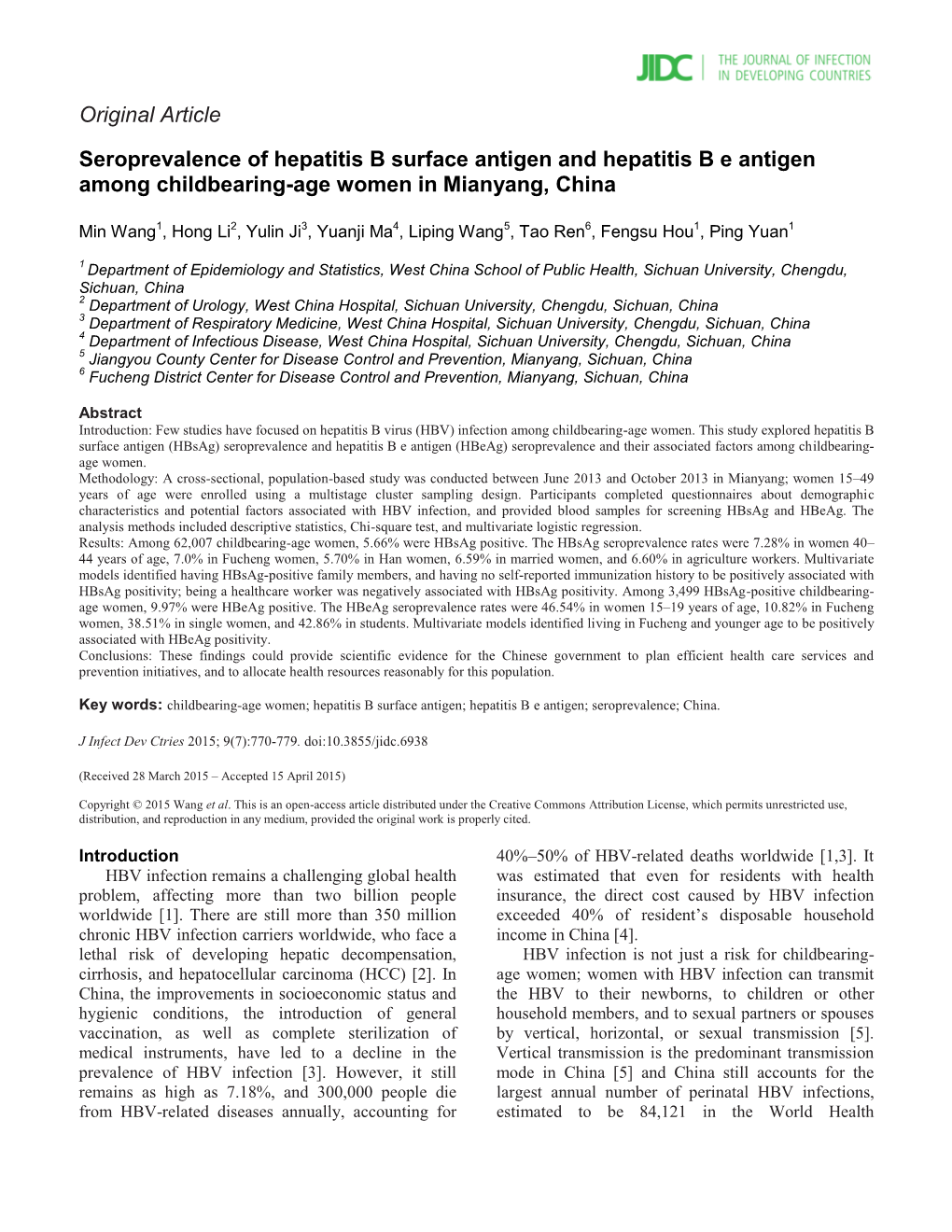 Seroprevalence of Hepatitis B Surface Antigen and Hepatitis B E Antigen Among Childbearing-Age Women in Mianyang, China