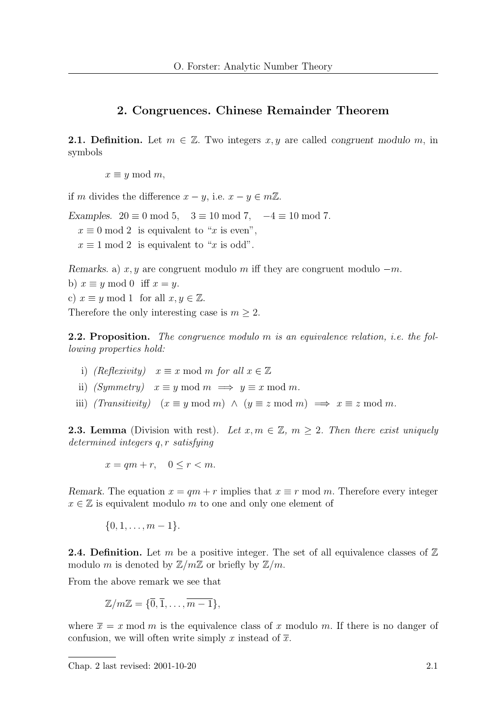 2. Congruences. Chinese Remainder Theorem