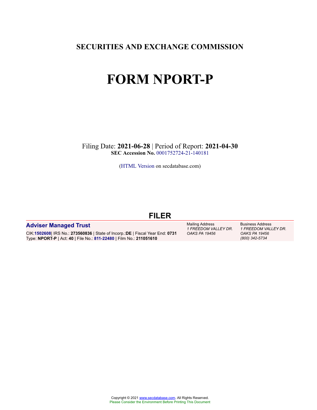 Adviser Managed Trust Form NPORT-P Filed 2021-06-28