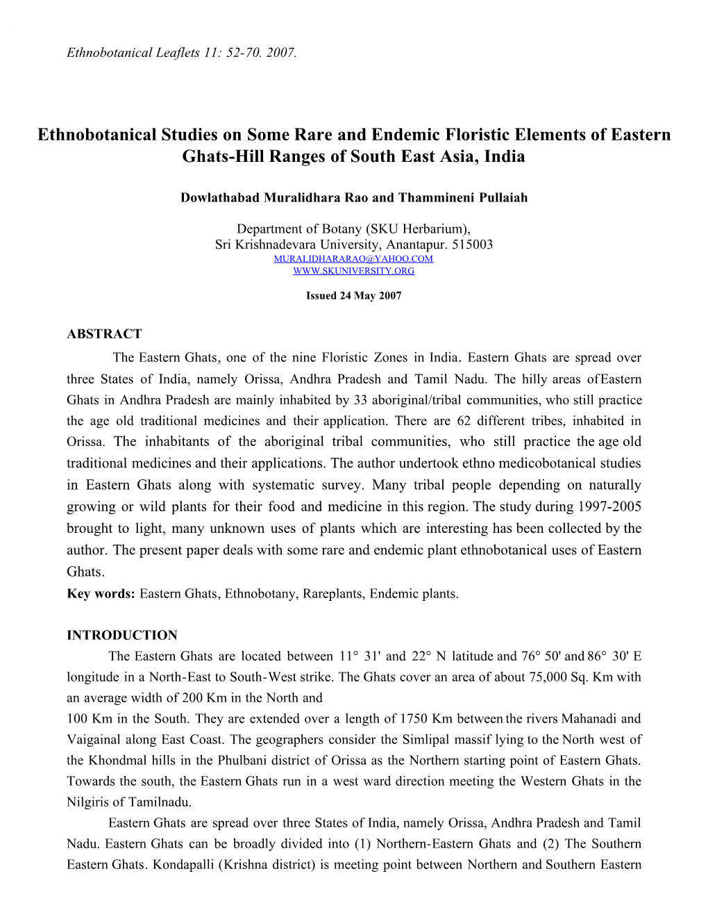 Ethnobotanical Studies on Some Rare and Endemic Floristic Elements of Eastern Ghats-Hill Ranges of South East Asia, India