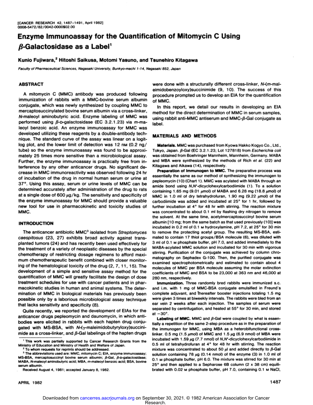 Enzyme Immunoassay for the Quantification of Mitomycin C Using ÃŸ-Galactosidase As a Label1