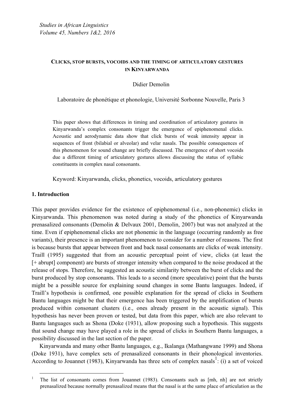 Studies in African Linguistics Volume 45, Numbers 1&2, 2016 Didier