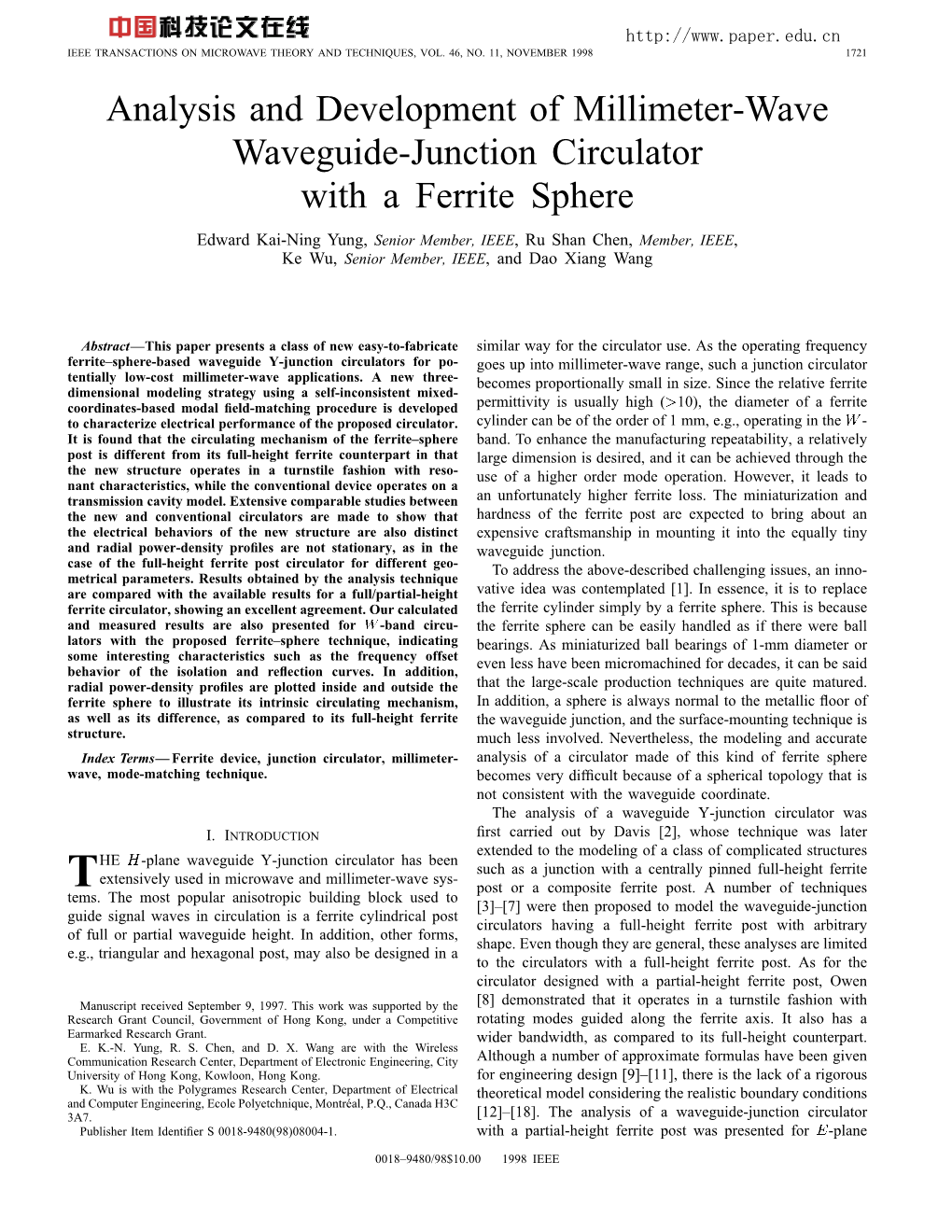 Analysis and Development of Millimeter-Wave Waveguide-Junction Circulator with a Ferrite Sphere
