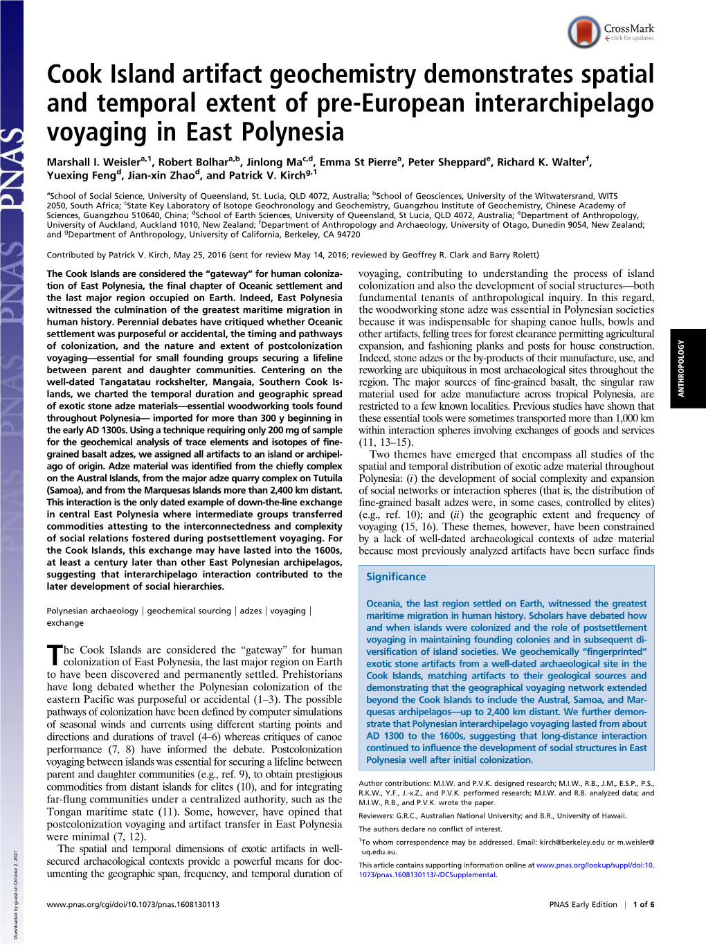 Cook Island Artifact Geochemistry Demonstrates Spatial and Temporal Extent of Pre-European Interarchipelago Voyaging in East Polynesia