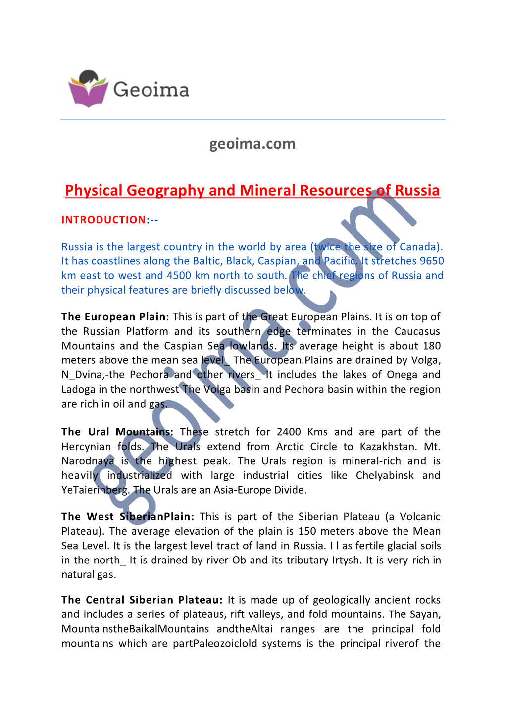 Geoima.Com Physical Geography and Mineral Resources of Russia