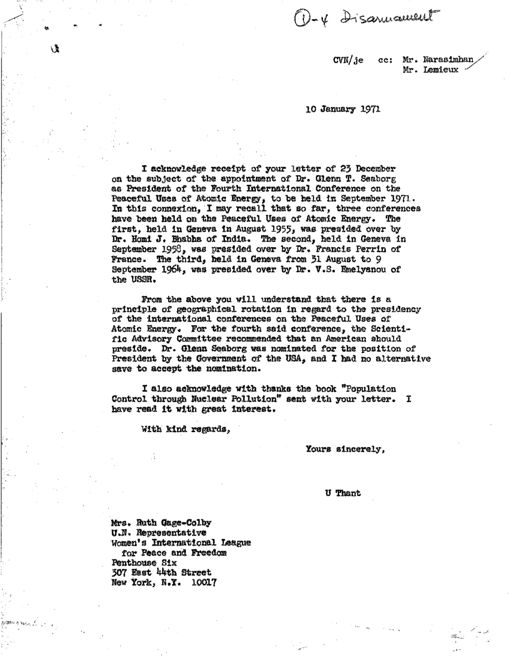 10 January 1971 I Aekaowledge Receipt of Your Letter of 23
