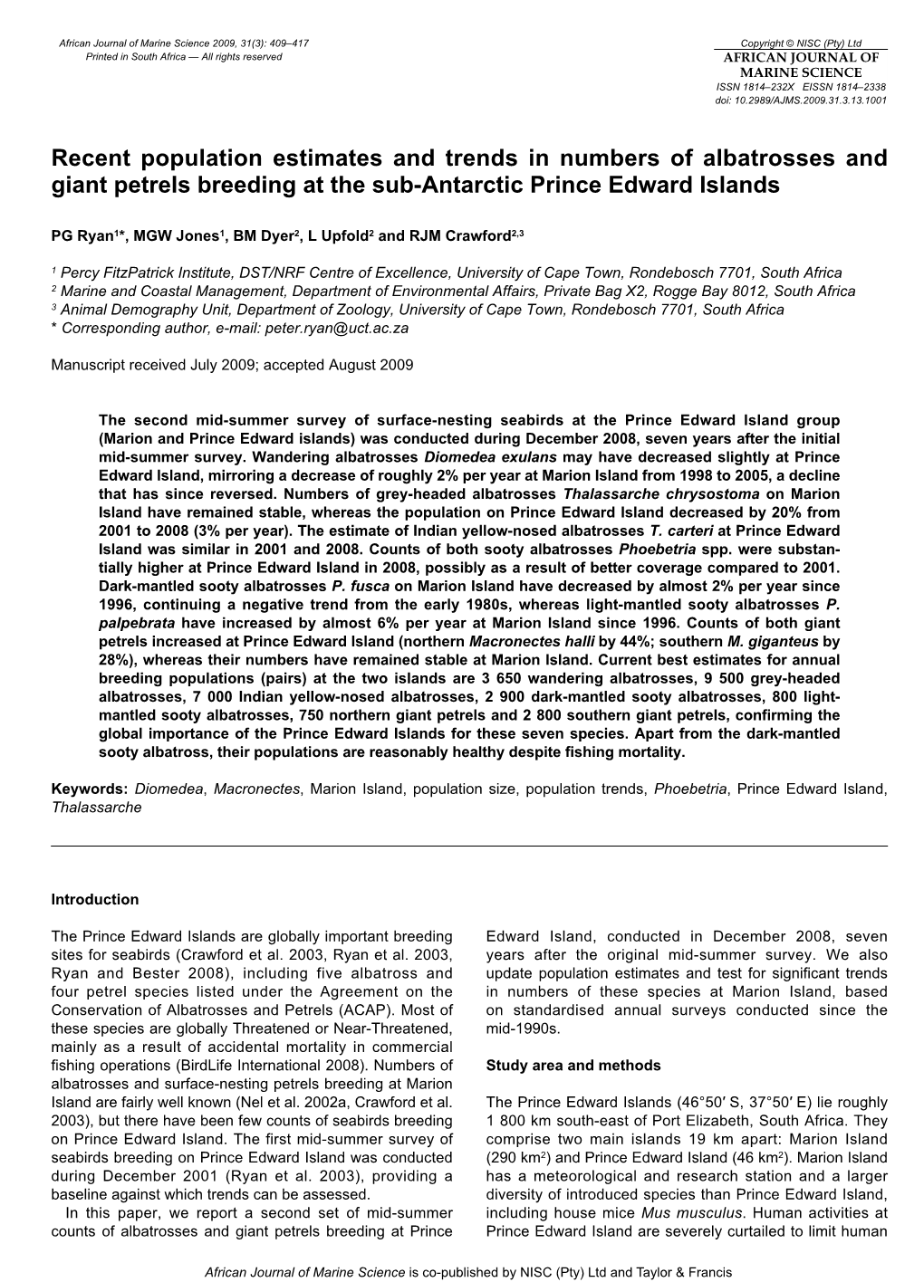 Recent Population Estimates and Trends in Numbers of Albatrosses and Giant Petrels Breeding at the Sub-Antarctic Prince Edward Islands