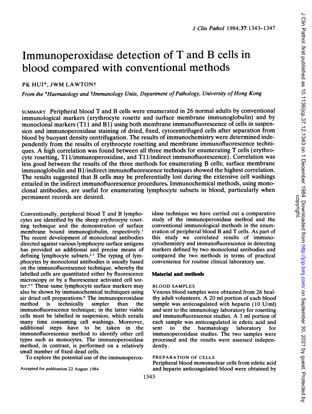 Immunoperoxidase Detection of T and B Cells in Blood Compared with Conventional Methods