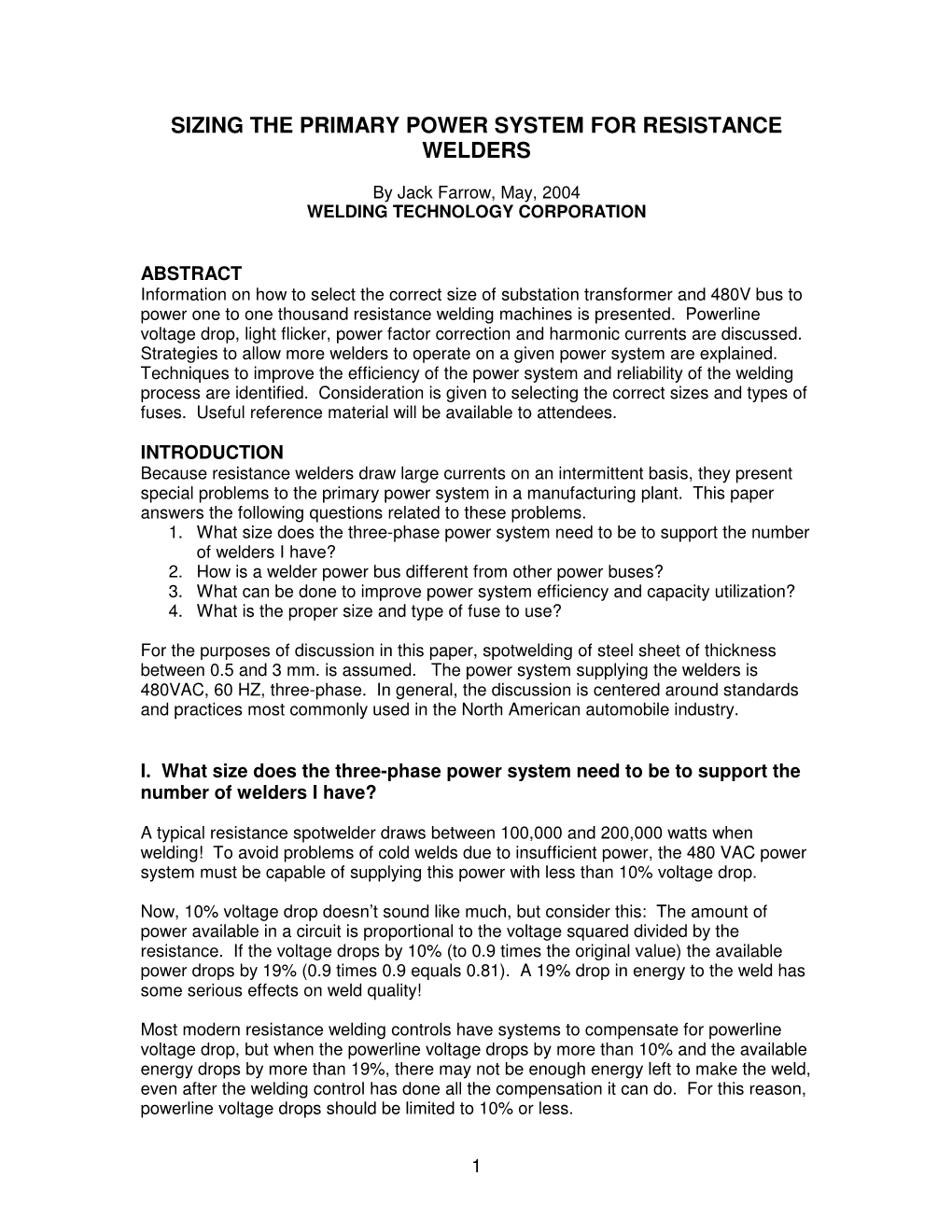 Sizing the Primary Power System for Resistance Welders